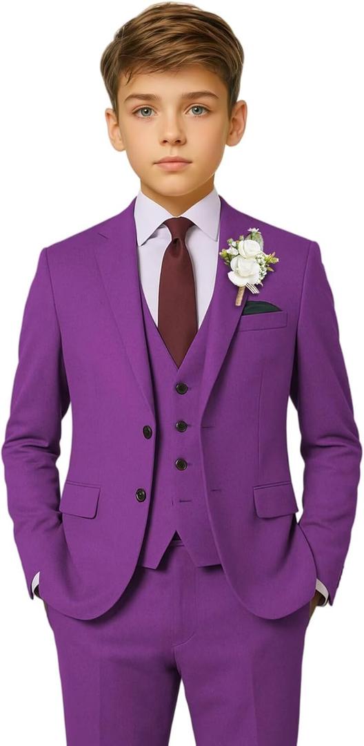 Boys Suit 5 Piece Kids Party Tuxedo Blazer Vest and Pants Set with Tie for Boy Formal (7, Purple)