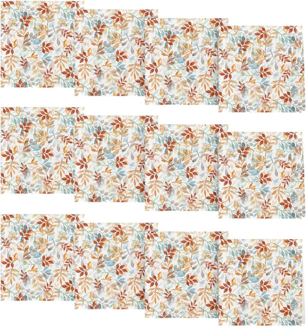 Horaldaily Fall Cloth Napkins 18 x 18 Inch, Thanksgiving Autumn Harvest Orange Blue Watercolor Leaf Party Dinner Decoration Washable Napkins Set of 12