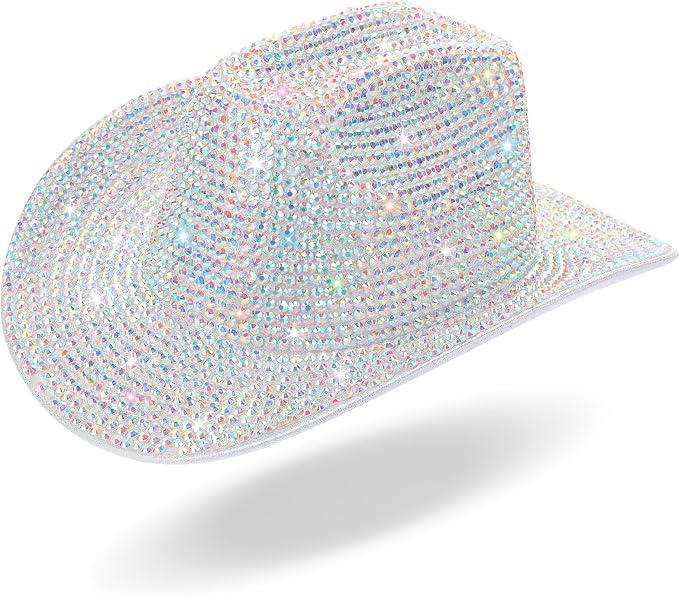 Hercicy Rhinestone Cowboy Hat with Diamond Fringe Bling Cowgirl Hat With Western Wide for Cosplay Wedding