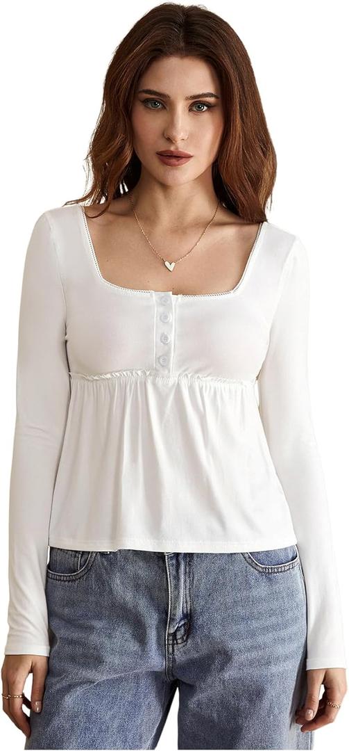 Women's Square Neck Peplum T Shirt Long Sleeve Button Front Going Out Tops Small