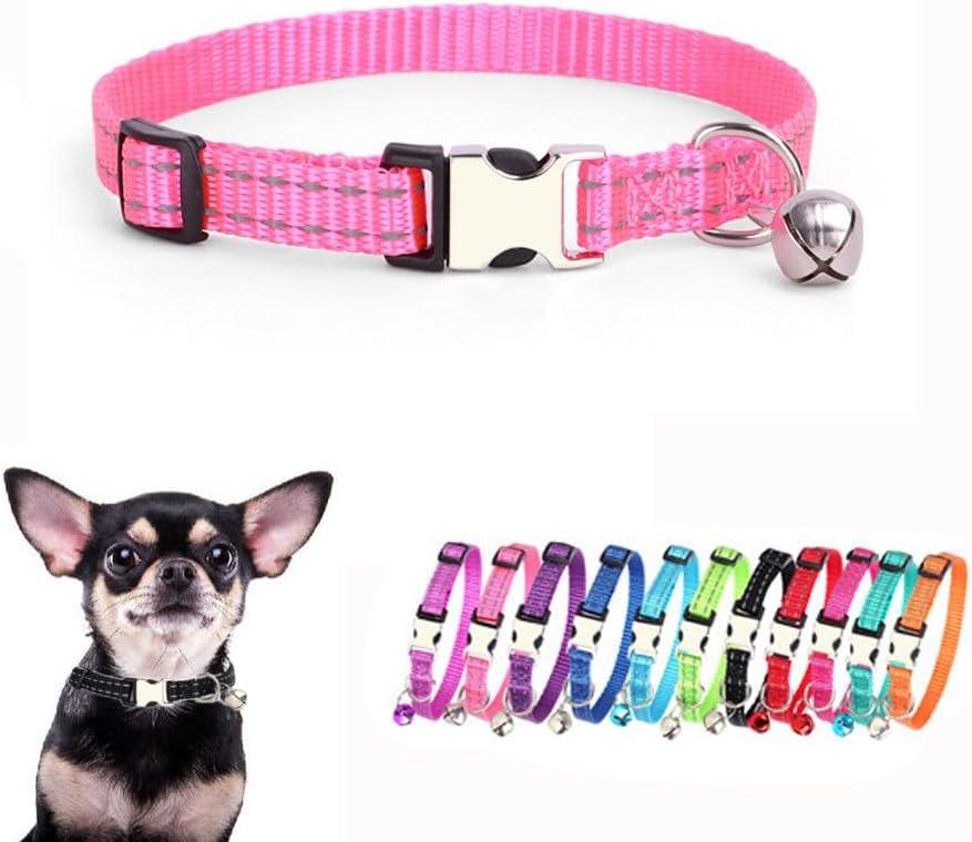 Puppy Collar with Bell, Reflective Nylon Metal Buckle Cat Collar with Bells for XXS XS Tiny Pet Little Dogs Girl Kitten Female Small Animal, Pink X-Small (XS for Neck 7.5-11")