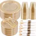 WELLIFE 210Pcs Gold Glitter Dinnerware Set, Gold Glitter Disposable Dinnerware for 30 Guests, Include: 30Dinner Plates, 30Dessert Plates, 90Gold Glitter Silverware, 30 Cups, 30 Paper Napkins