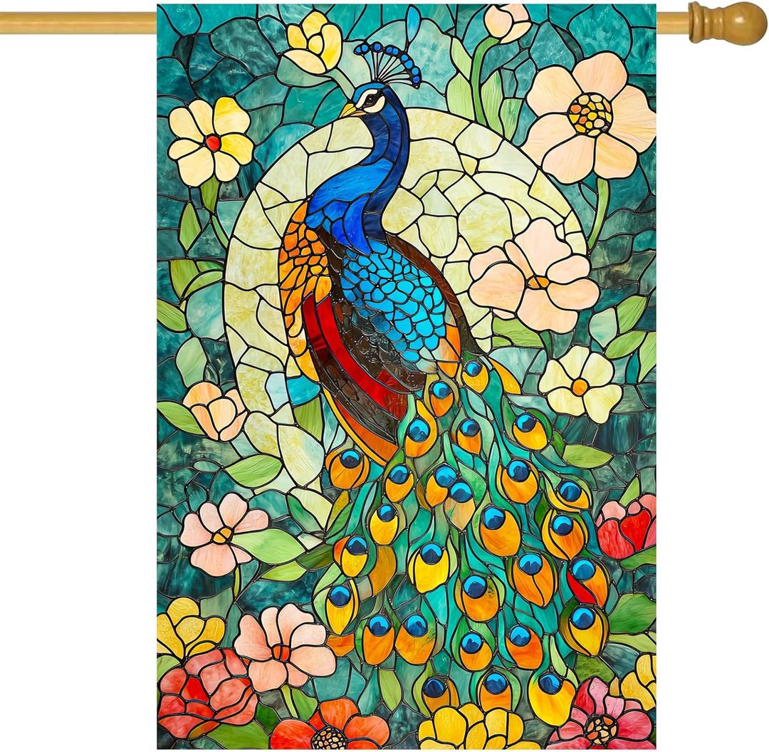 2 x Peacock House Flag 28x40 Inch Double Sided Garden Flag with Colorful Stained Glass Bird and Floral Design for Yard Porch Outdoor Decor Spring Summer Vertical Banner Decorative Art