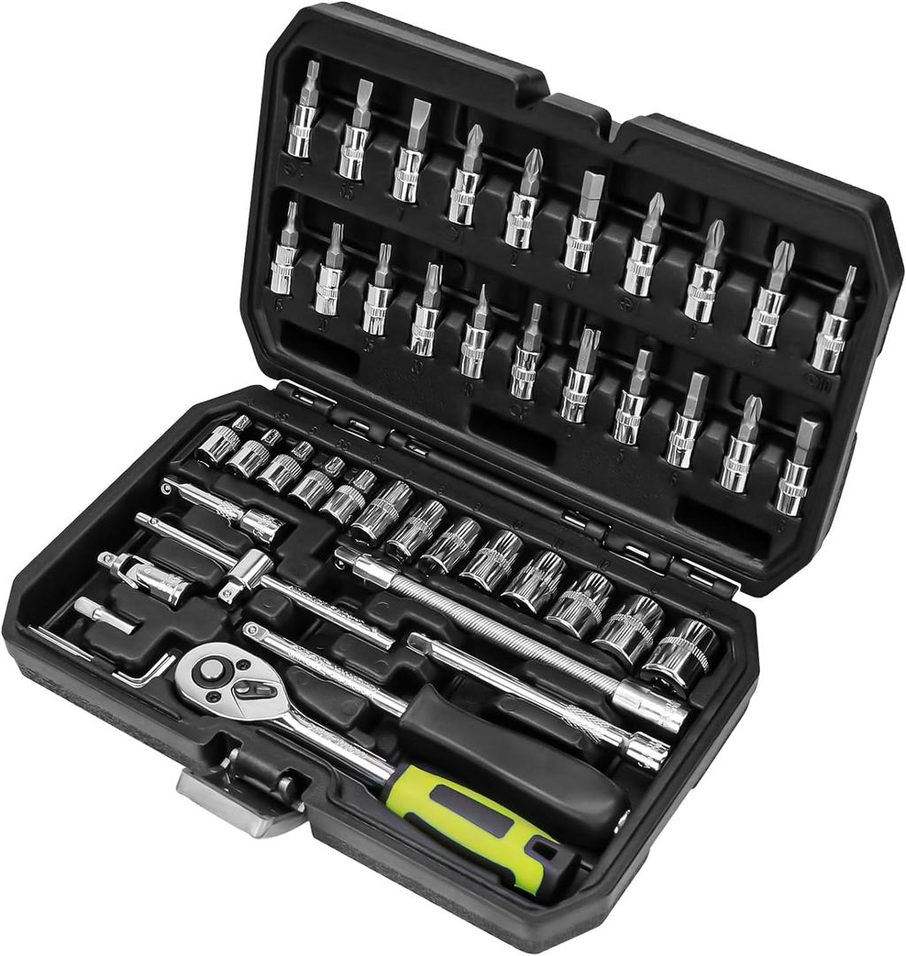 46 Pieces 1/4 Inch Drive Industrial Grade Socket Ratchet Wrench Set, with Bit Socket Set Metric and Extension Bar for Auto Repairing and Household, With Thickened Storage Case