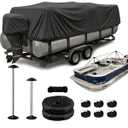 Navoriá Heavy Duty Pontoon Boat Cover with Support Poles - 1200D Waterproof Pontoon Boat Cover 25-28 ft, Includes Motor Cover & 18 Tie-Down Straps for Windproof Storage and Trailering, Jet Black