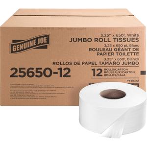 Genuine Joe Jumbo Roll Bath Tissue - 2-Ply White Toilet Paper, 3.3" x 650' per Roll, 12 Count Bulk Pack, Recycled Fiber, Commercial Grade for Dispensers