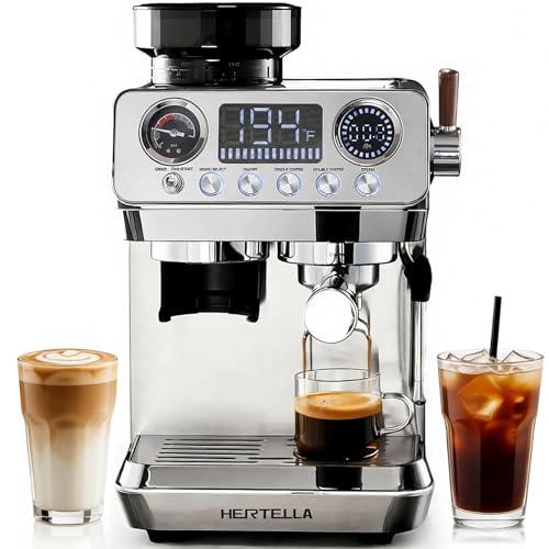 HERTELLA Espresso Machine with Burr Grinder, 20 Bar Visual Pressure Gauge, Milk Frother Steam Wand, Stainless Steel, 4 Temperature Modes (Hot and Cold Brew), Automatic Pressure Release Function