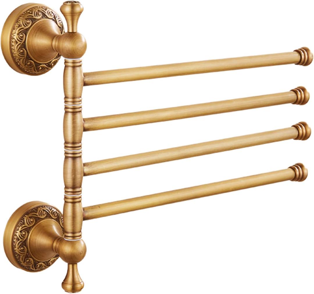 Wall Mounted Bathroom Folding Towel Rack, 4 Towel Bars Antique Brass Pattern Carving,Brushed Bronze