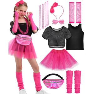 14 PCS Girls 80s Costume Accessories Set Kids 80s Outfits for Halloween Cosplay 1980s Retro Fancy Party ( No Size )