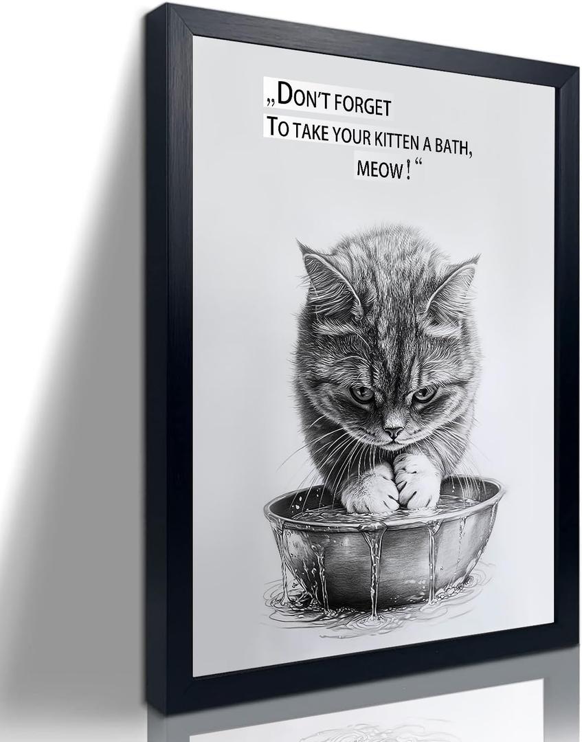 2 x A detailed painting depicting a kitten. In the picture, a black and white cat is taking a bath. The style of this painting is interesting and would be suitable as decoration for bedrooms, bathrooms and toilets.