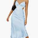 Women's Fall Satin Backless Maxi Dress Silk Cut Out V Neck Slip Tie Back Formal Cocktail Midi Dresses for Wedding Guest Size L