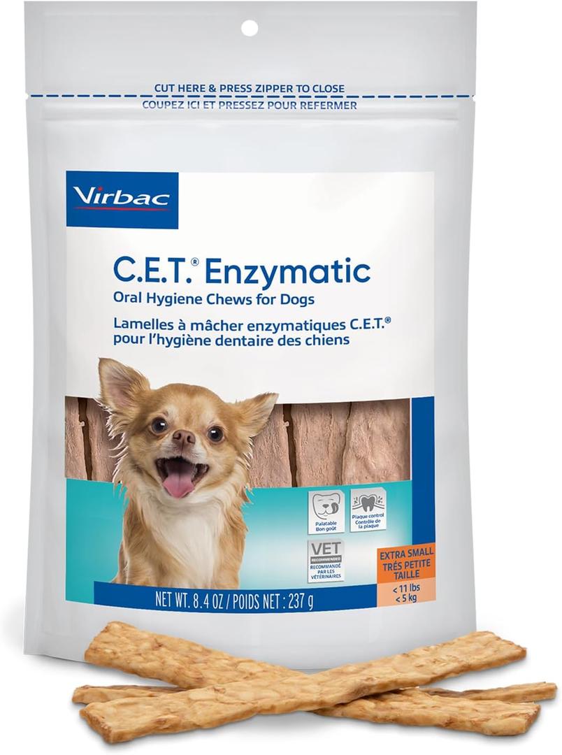 Virbac C.E.T. Enzymatic Oral Hygiene Chews for Dogs, X Small - Plaque & Tartar Control - Single Layer Beefhide with Exclusive Dual-Enzyme System & Tasty Chicken Flavor - Easy to Give Dog Dental Chew