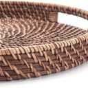 Round Rattan Woven Serving Tray with Handles Ottoman Tray for Breakfast, Drinks, Snack for Coffee Table, Home Decorative (11"x1.6", Honey Brown)