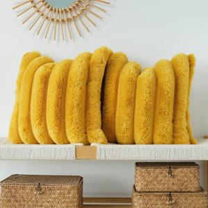 JOJUSIS Pack of 2 Faux Fur Plush Decorative Throw Pillow Covers Couch Cushion Case Soft Fluffy Pillowcases Wide Stripe (Yellow, 20 x 20 Inch)