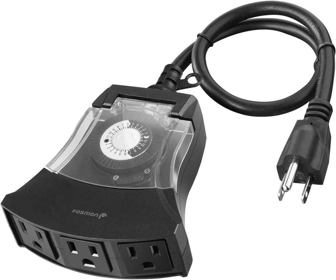 Fosmon Outdoor Timer Outlet Waterproof, Outdoor Light Timer for Electrical Outlets, Weatherproof 24 Hour Mechanical Heavy Duty Plug for Outside Lighting, Garden, 15A, 3-Prong, Grounded, ETL Listed