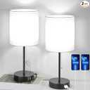 Table Lamps Set of 2 with USB Charging Ports, White Bedside Lamps with AC Outlet, Nightstand Lamps with Pull Chain Switch, Minimalist Modern Desk Lamps with Fabric Shade for Living Room Bedroom Office