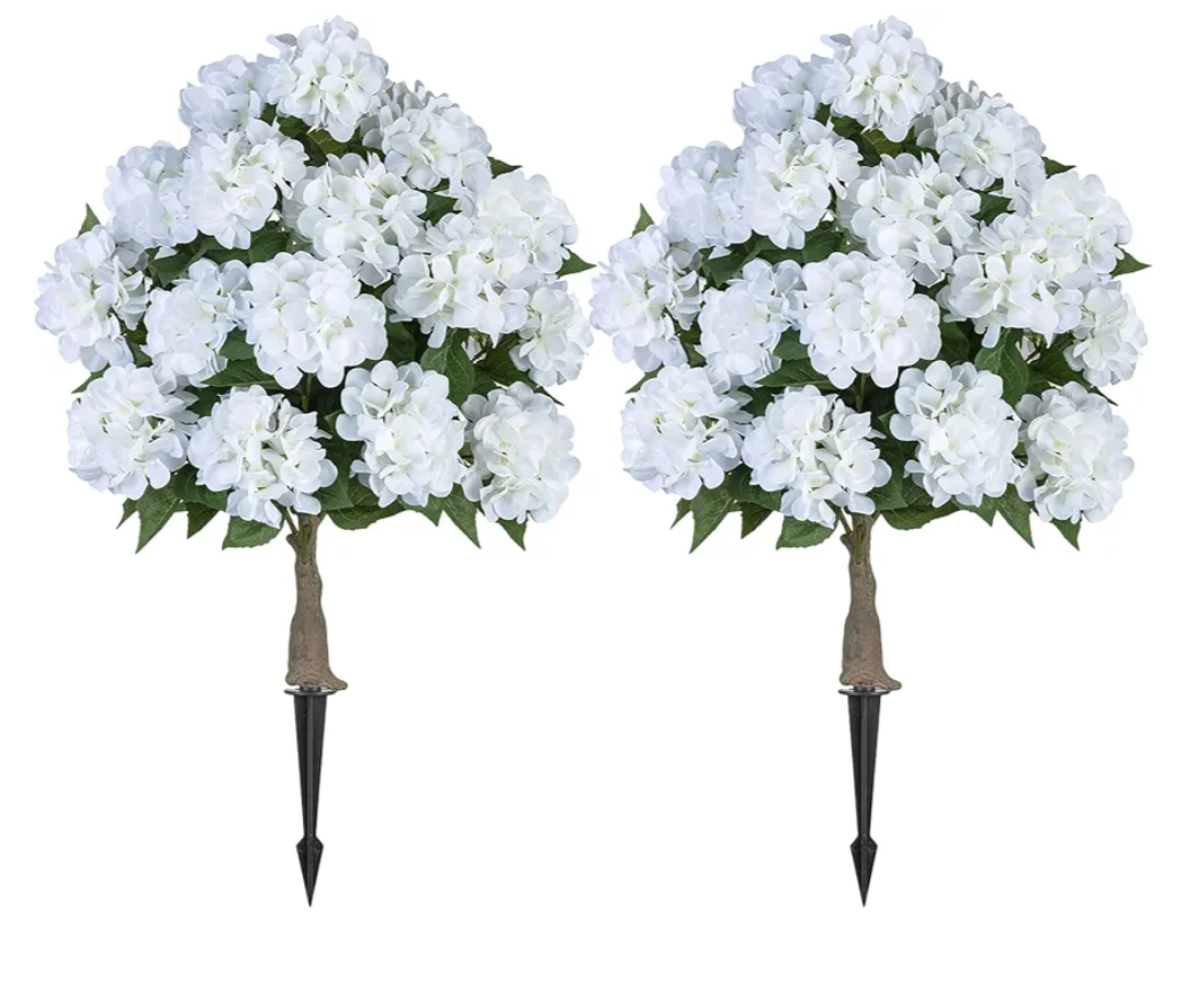 BLOSMON Fake Hydrangea Trees for Outdoors - 2 Packs 33" White Artificial Flower Topiary Ball Trees for Front Porch Decor - 20 Heads Faux Silk Hydrangea Bush Plants with Spike for Garden Yard Patio