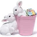 Hodao Set of 2 Easter Bunny Figurines Decor - Adorable Easter Rabbit Sculptures with Floral Accents, Spring Tabletop Decorations, 6 Inches Tall (White)