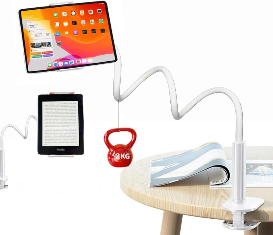 Gooseneck Phone Holder for Bed, iPhone Stand for Desk Recording Fliming Kindle Tablet Stand Accessories Overhead Phone Mount, 360 Adjustable 4.7~11" Clamp Clip - 1m Length(White)