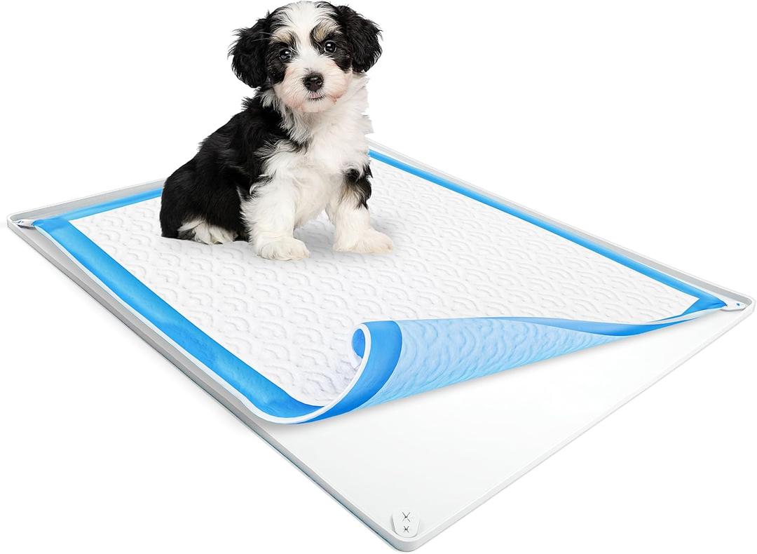 Skywin Dog Pee Pad Holder Tray Fits Up to 30” x 36” Wee Wee Pee Pads  Stable Grip, Raised Edges, QuickWipe Silicone Surface Dog Potty Tray Holder for Indoor Flooring Protection (White)