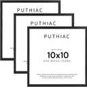 puthiac 10x10 Solid Oak Wood Picture Frame, Fits 6x6 with Mat or 10x10 Without Mat, Wall Display Only, Plexi Front, 3 Pack, Black