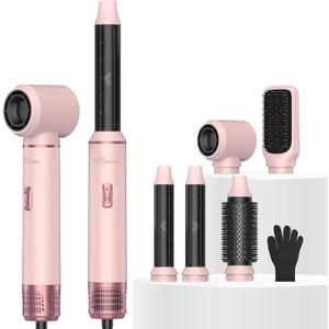 Atopskins 5 in 1 Hair Dryer Brush Set, Detachable Hot Air Styler, Blow Dryer Brush, 3 Heat Settings Auto Curling Wrap Styler, Ionic Hair Styling Tools - Straighten Curl Dry Volumize Smooth (Pink)
