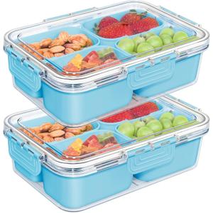 Small Snack Box Container, Divided Serving Tray with Lid, 4 Compartment Snack Box Container for Candy, Fruits, Charcuterie, Travel & Parties, BPA-Free (Blue 2 Pack)