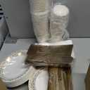 700 Pcs Disposable Dinnerware Set for 100 Guests Include 200 Paper Plates, 300 Plastic Silverware, 100 Paper Cups, 100 Napkins for Wedding Birthday Party Supplies (White Gold Pattern)