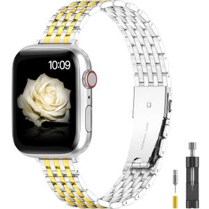 for Apple Watch Band 38mm 40mm 41mm 42mm 44mm 45mm Series 9 8 7 6 5 4 3 2 1 SE SE2 Women and Men,Classic Stainless Steel Metal Watchband for iWatch Bands,Pretty Shiny Look (Shiny Silver Gold-Tri Gold)