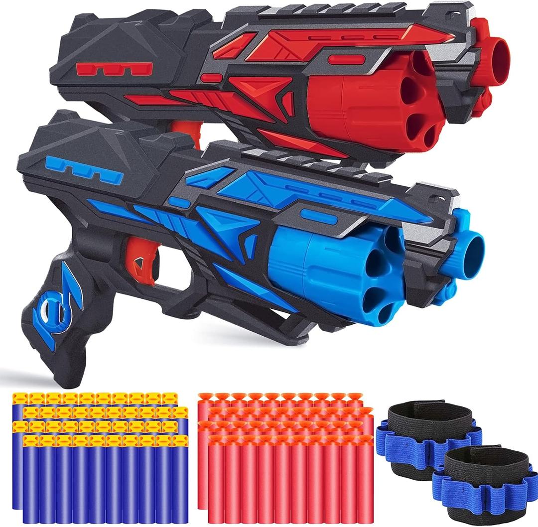 POKONBOY 2 Pack Blaster Toy Guns for Boys Fit for Nerf Guns Darts, 6-Dart Rotating Barrel Foam Bullets Hand Gun Toys with 80 Refill Darts and 2 Wristbands Gifts for 6 7 8 9 10 Years Kids Christmas (Blue & Red)