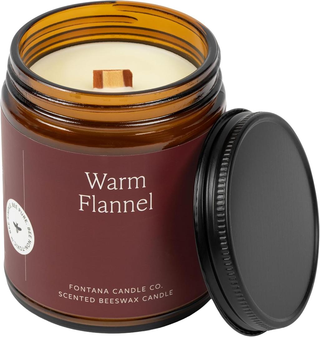 Fontana Candle Co Wood Wick Beeswax Jar Candle, Warm Flannel Made Safe with Coconut Oil & Pure Essential Oils 35+ Hrs Clean Burn, Long Lasting and Non-Toxic Candles for Home & Room Dcor