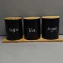 Coffee Tea Sugar Container Set with Tray, Set of 3 Airtight Metal Canister with Bamboo Lids, Farmhouse Kitchen Counter Organizer for Coffee Bar and Drink Station (Black)