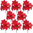 WISTART 8 Pack Christmas Artificial Poinsettia Flowers Velvet Plastic Floral Bouquet Small 7 Head Silk Red Shrub Fake Flowers Arrangement for Winter Indoor Outdoor Home Porch Xmas Holiday Decor
