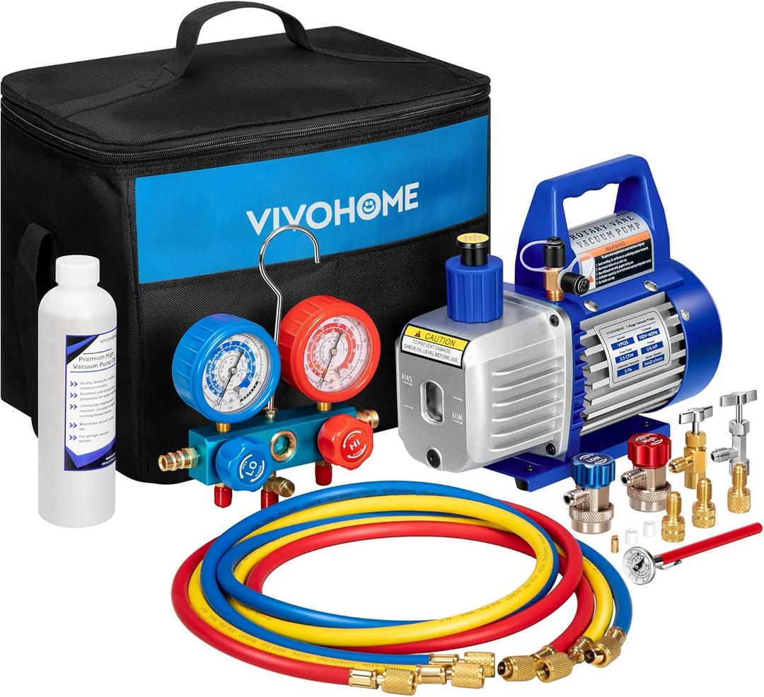 VIVOHOME 110V 1/4 HP 3.5CFM Single Stage Rotary Vane Air Vacuum Pump and AC Manifold Gauge Set Kit with Thermometer for R134a R12 R22 R502 R410a HVAC Air Conditioning Refrigeration Recharging (blue)