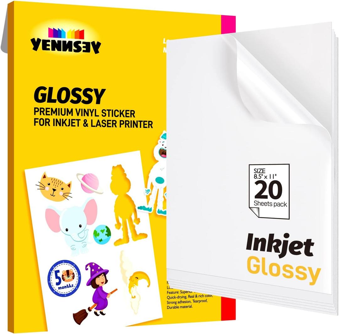 Printable Vinyl Glossy Sticker Paper for inkjet printer 20 Sheets White Self-Adhesive Waterproof vinyl sticker paper for cricut- custom printable labels 8.5x11 Inches//YENNSEY