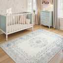 Wonnitar Bow Floral 5x7 Washable Rug, Blue Area Rug for Kids Room, Ultra-Thin Non Slip Soft Neutral Aesthetic Decor Carpet for Living Room Farmhouse Dining Room Office Playroom