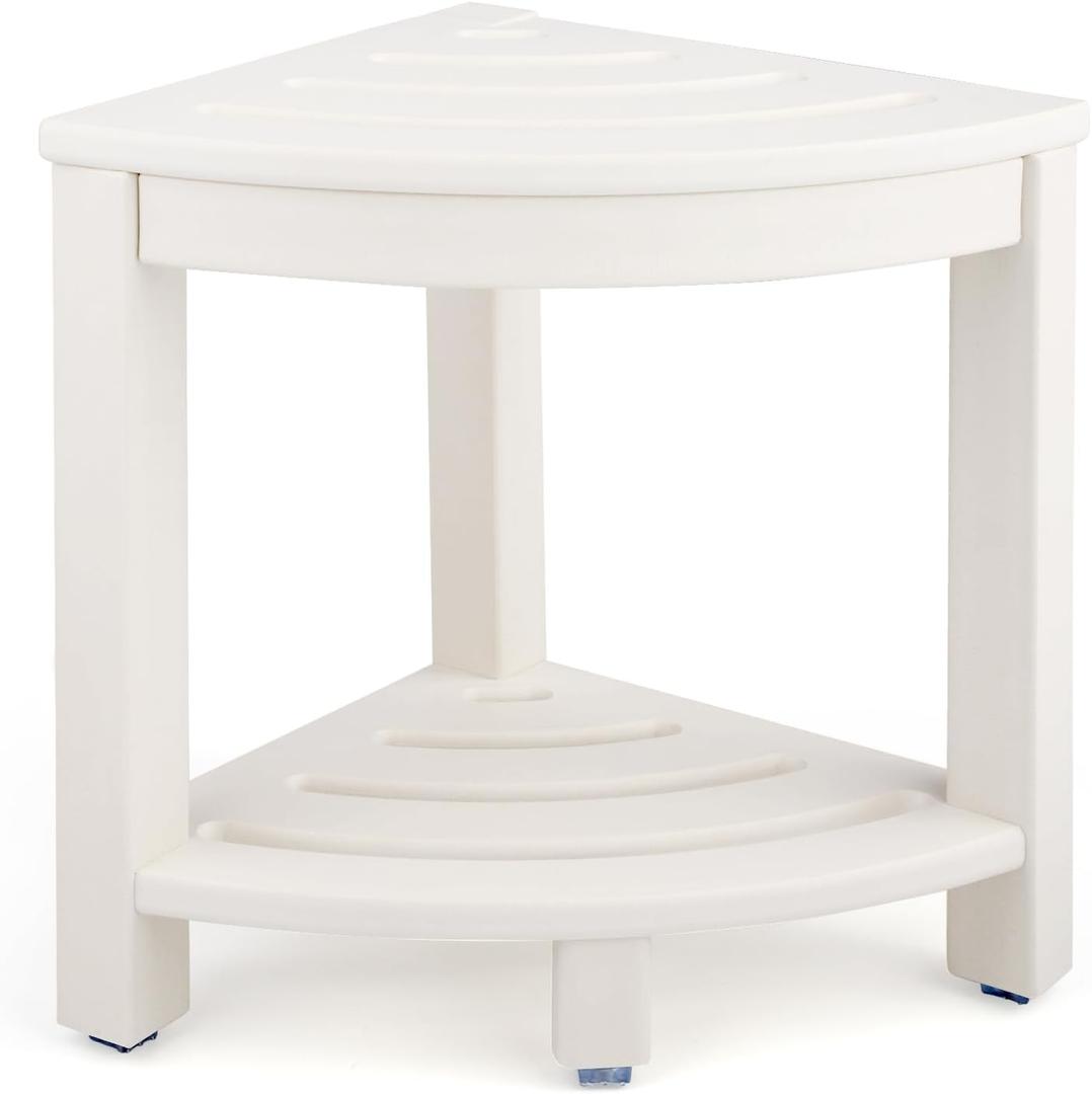 HDPE Corner Shower Stool,Shower Bench Seat with Storage Shelf for Shaving Legs Plastic Spa Bath Step Foot Rest for Bathroom Small Place (White)