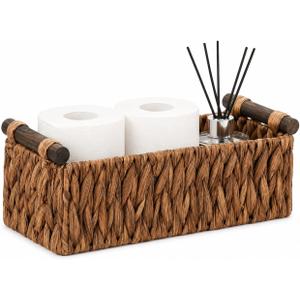 Water Hyacinth Toilet Tank Basket – Wicker Toilet Paper Storage Basket for Back of Toilet, Bathroom Counter Organizer with Wooden Handles, Brown