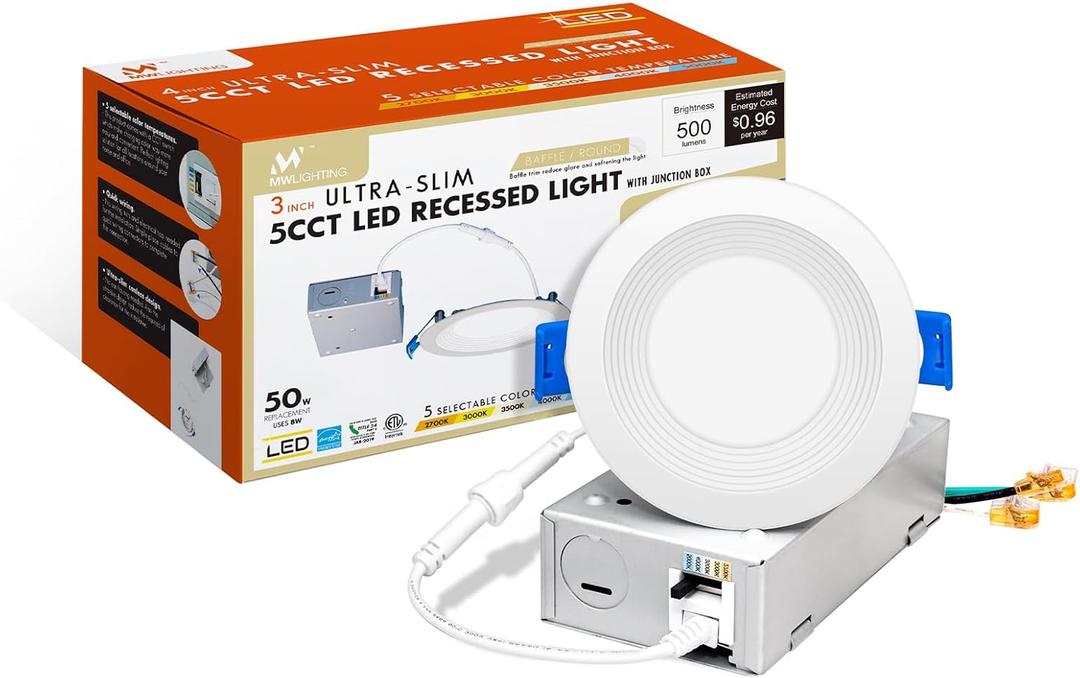 mw 3 Inch 5CCT Ultra-Thin LED Recessed Light with Junction Box,Dimmable Canless Light with Baffle Trim, 2700/3000/3500/4000/5000K, 8W High Brightness Downlight, Energy Star