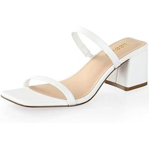 Leevar Square Toe Heeled Sandals for Women, Women's Low Block Heels Sandals, 2.25IN Open Toe Ankle Strap Chunky Heels, White Pu, 5 UK