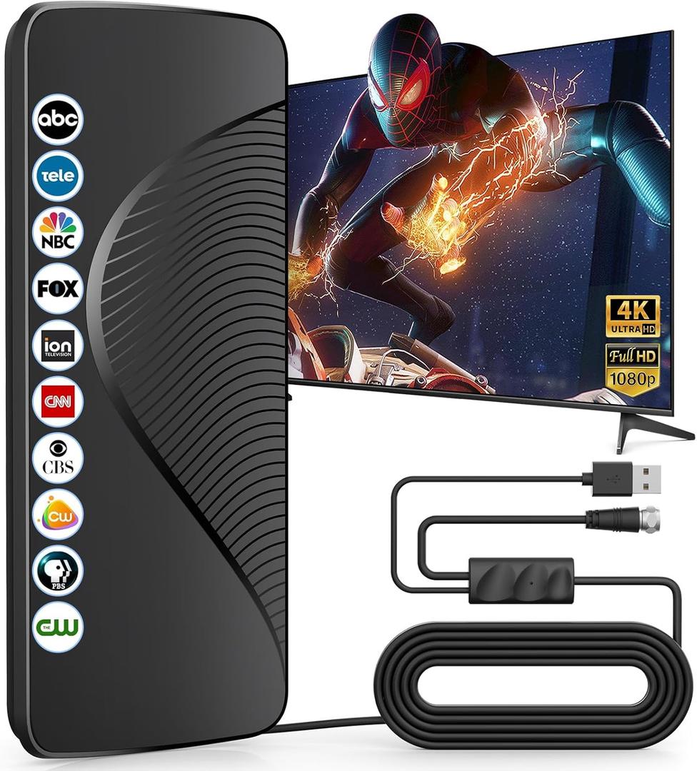 2025 Upgraded TV Antenna for Smart TV, 1600+ Miles Range, Indoor/Outdoor Digital Antenna for Local Channels, HD 4K Support, Amplified Signal Booster, Clear Reception for 1080p 4K TVs (Black)