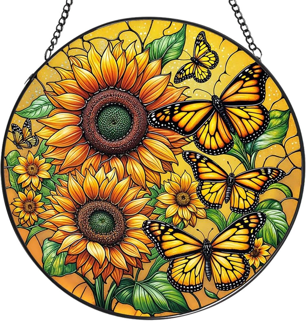 Sunflower Suncatcher,Butterfly Stained Glass Window Hanging,Crystal Suncatcher for Windows,Sunflower Decor Indoor Home & Garden Decor,Sunflower Gifts for Women,Mom,7.87 in,Mother's Day