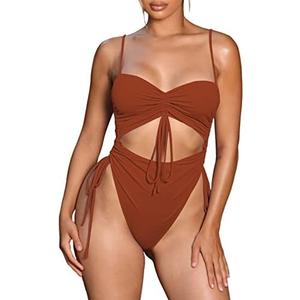 Viottiset Women's Cut Out Drawstring One Piece Swimsuit Cheeky High Cut Bathing Suit, Size L