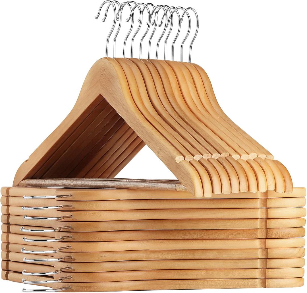 AMKUFO Wooden Hangers 20 Pack Wood Suit Hangers Non Slip Wooden Coat Hangers with Smooth Fnish Cut Notches 360 Swivel Hook Clothes Hangers for Jeans Pants Jackets Shirts Dresses, Natural