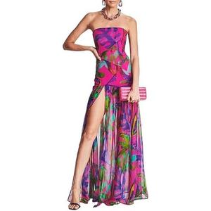 Women Tube Top Dress Tiger Stripe Mesh Patchwork Maxi Dress Strapless Sexy High Slit Long Dresses Party Clubwear, Large