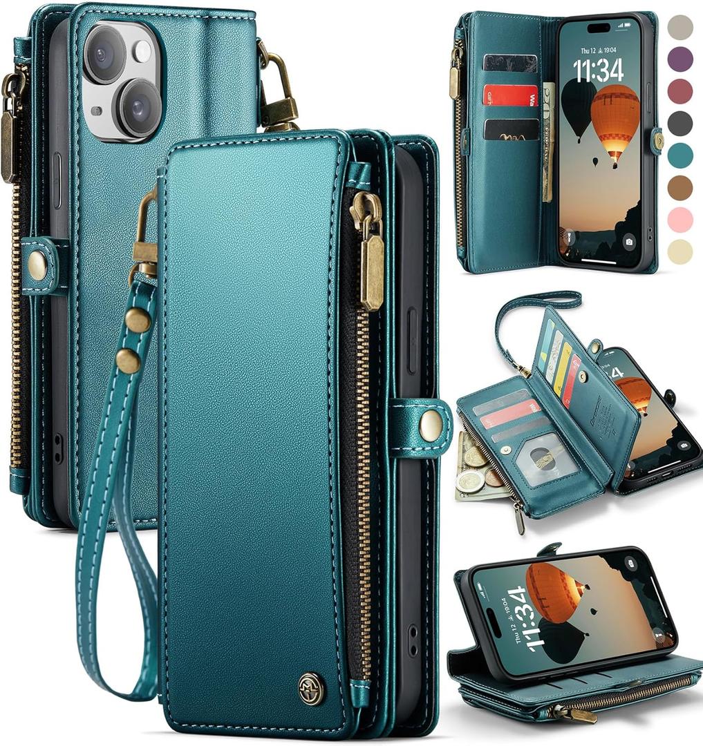 Defencase Compatible with iPhone 15 Plus Case Wallet with RFID Blocking Card Holder for Women Men, PU Leather Magnetic Snap Flip Zipper Strap Wallet Phone Case Fit for iPhone 15 Plus 6.6", Blue Green