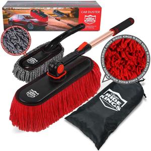 Car Duster Exterior Scratch Free,Car Dust Brush with Extendable Telescoping Handle to Remove Dust Pollen,Duster for Car,Truck,RV and Motorcycle,Large Auto Mop Duster Head, Wax Cotton Hair (Red Set-Cotton)