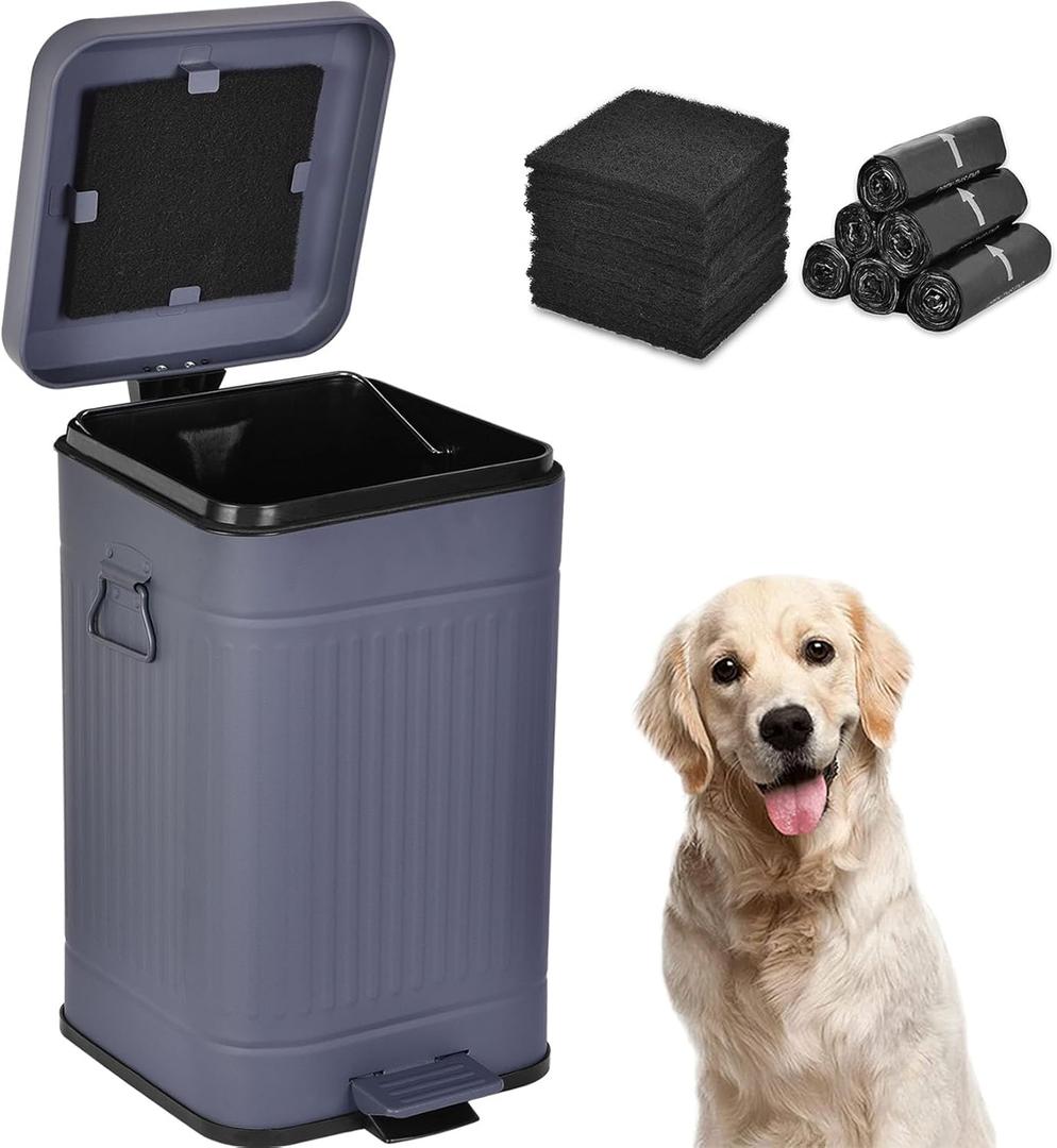 Dog Poop Trash Can with Lid for Outdoors3.2 Gallon Trash Can with Activated Carbon Filter & Plastic Bags, Pet Waste ContainerUP12L-GY-F+90BK (Rectangle-Gray)