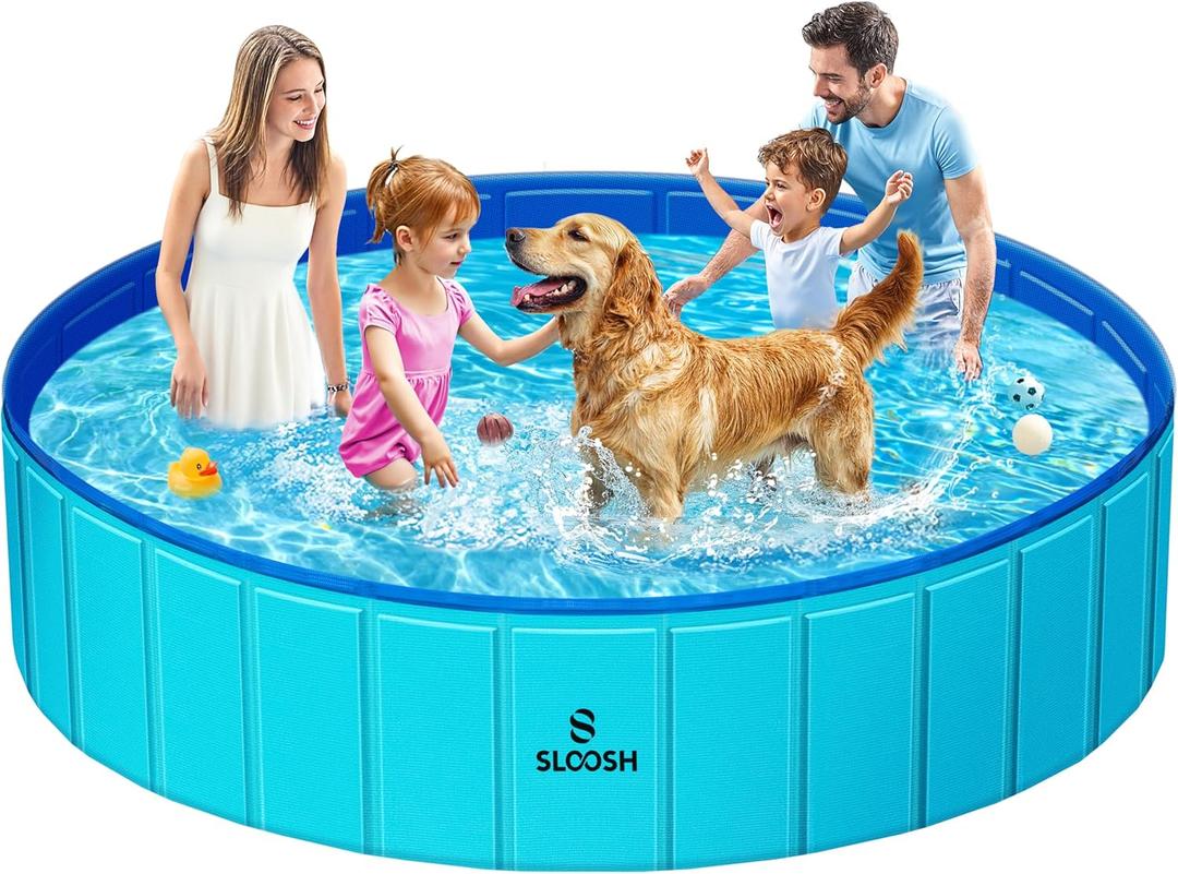 Sloosh Foldable Dog Kiddie Pool - Portable Hard Plastic Doggie Swimming Pool, Anti-Slip Collapsible Pets Bath Tub Suitable for Kids Indoor Outdoor Backyard Use (71" x 12", Blue)