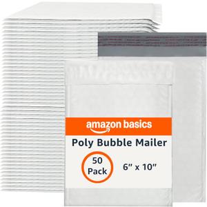 Amazon Basics Poly Bubble Self-Seal Mailer, 6" x 10" (Internal Size - 5.75" x 9"), White, 50-Pack, White/Grey